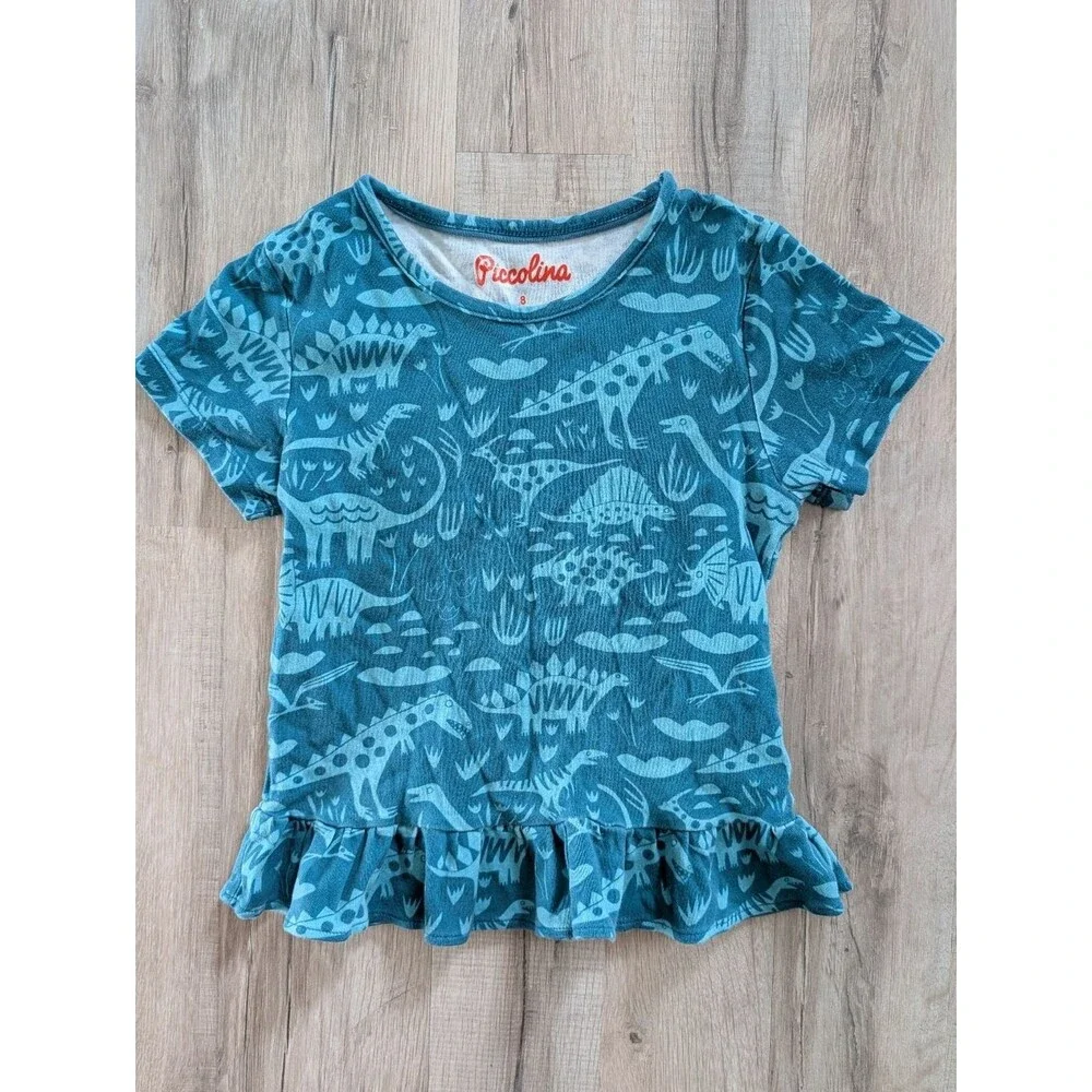 Piccolina Teal Dino Ruffle Hem Kids Top, 8Y (V8)